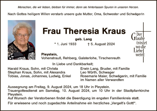 Traueranzeige von Theresia Kraus von Landkreis Schwandorf und Vohenstrauß