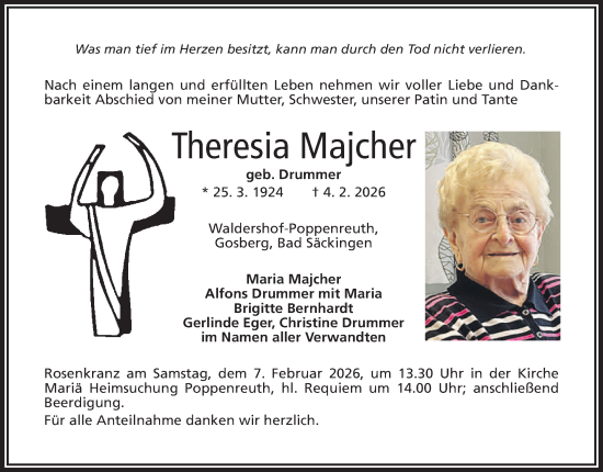 Traueranzeige von Theresia Majcher von Tirschenreuth + Eschenbach - Kemnath - Erbendorf
