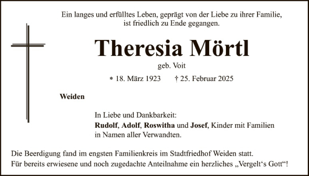  Traueranzeige für Theresia Mörtl vom 08.03.2025 aus Hauptausgabe Weiden