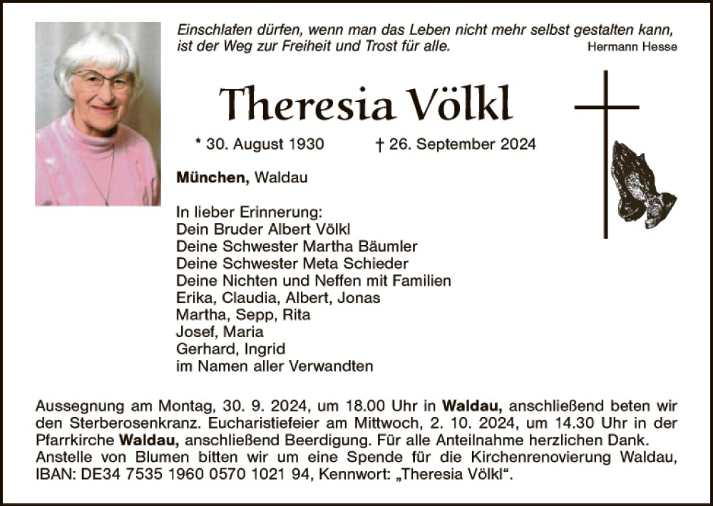  Traueranzeige für Theresia Völkl vom 28.09.2024 aus Landkreis Schwandorf und Vohenstrauß