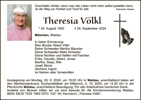 Traueranzeige von Theresia Völkl von Landkreis Schwandorf und Vohenstrauß