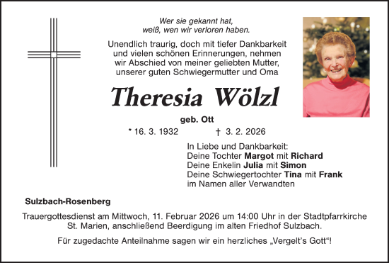Traueranzeige von Theresia Wölzl von Hauptausgabe Amberg
