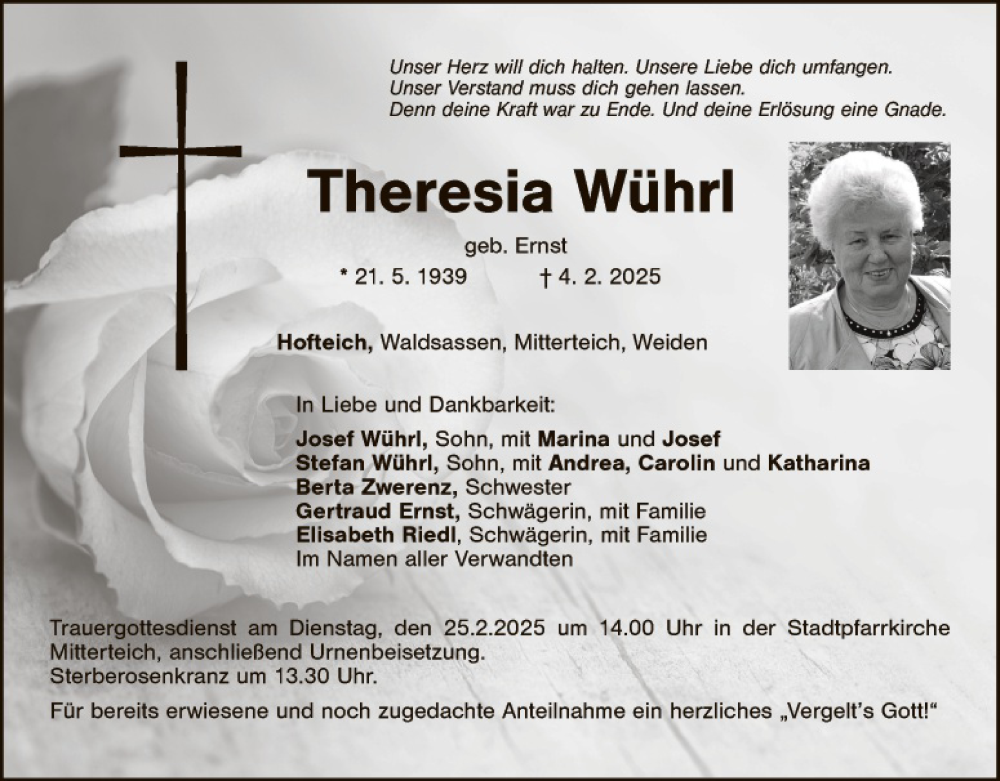  Traueranzeige für Theresia Wührl vom 19.02.2025 aus Hauptausgabe Weiden