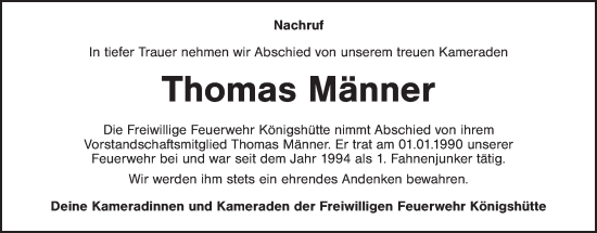 Traueranzeige von Thomas Männer von Tirschenreuth + Eschenbach - Kemnath - Erbendorf