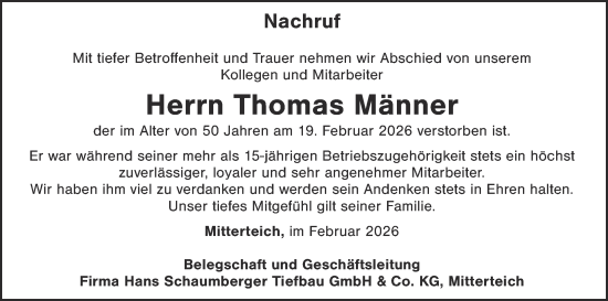 Traueranzeige von Thomas Männer von Tirschenreuth + Eschenbach - Kemnath - Erbendorf