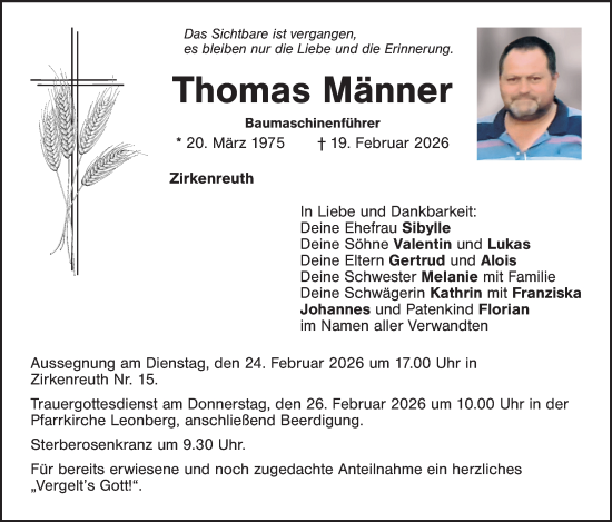 Traueranzeige von Thomas Männer von Tirschenreuth + Eschenbach - Kemnath - Erbendorf