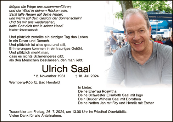 Traueranzeige von Ulrich Saal von Hauptausgabe Weiden