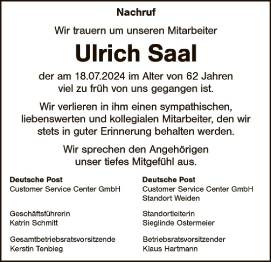 Traueranzeige von Ulrich Saal von Hauptausgabe Weiden