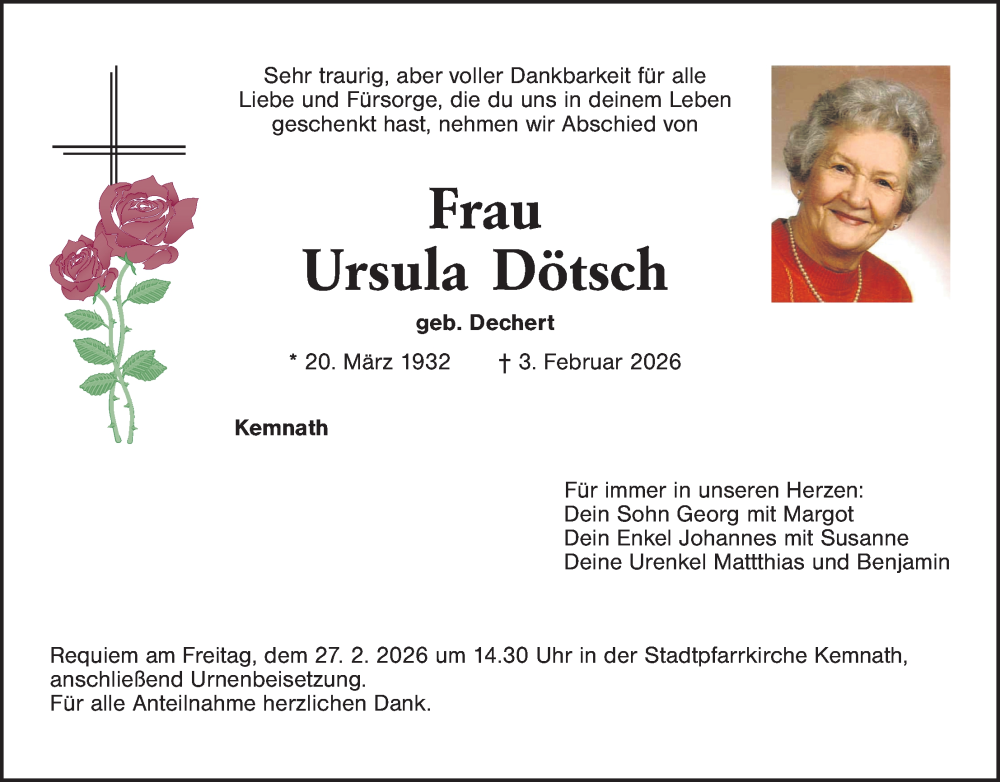  Traueranzeige für Ursula Dötsch vom 24.02.2026 aus Tirschenreuth + Eschenbach - Kemnath - Erbendorf