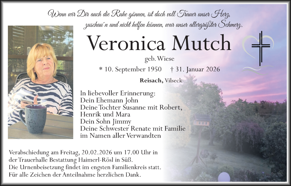  Traueranzeige für Veronica Mutch vom 14.02.2026 aus Hauptausgabe Amberg