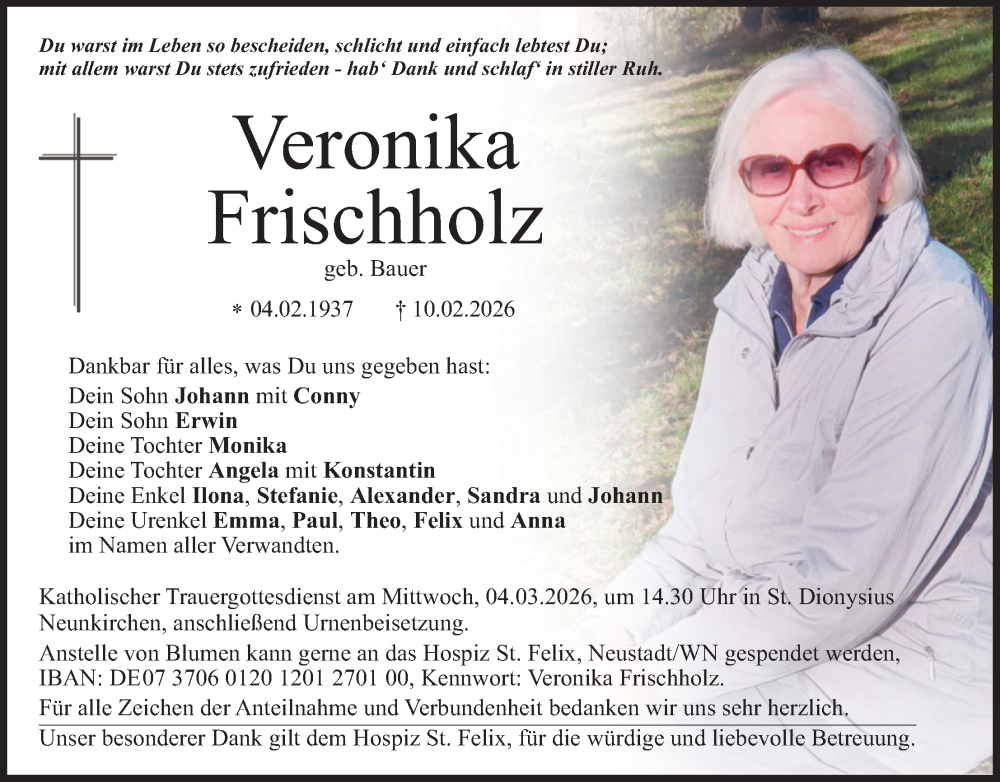 Traueranzeige für Veronika Frischholz vom 28.02.2026 aus Hauptausgabe Weiden