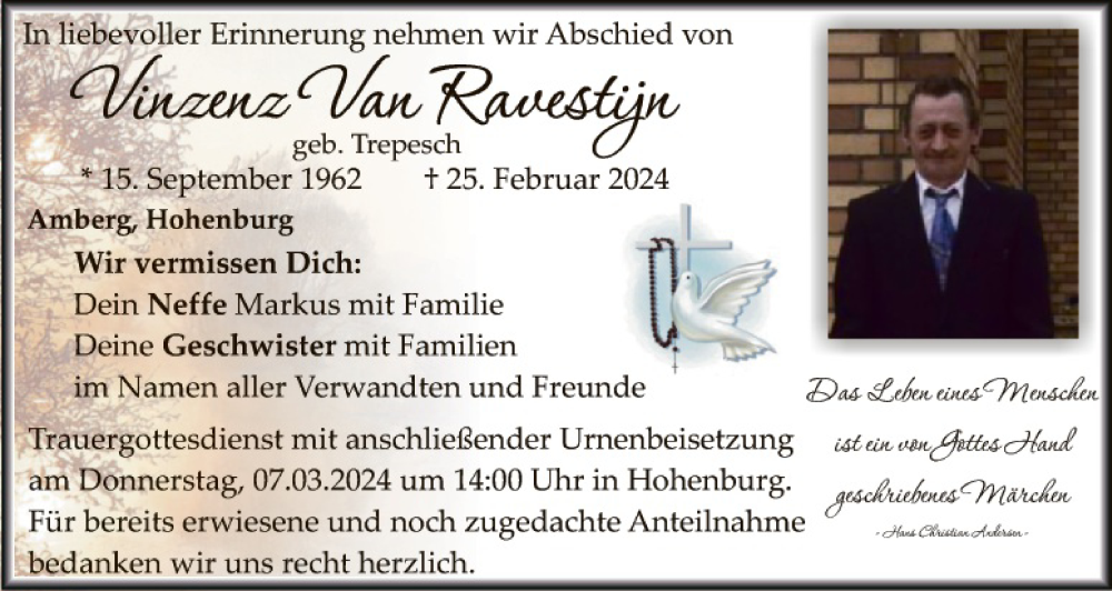  Traueranzeige für Vinzenz Van Ravestijn vom 02.03.2024 aus Hauptausgabe Amberg