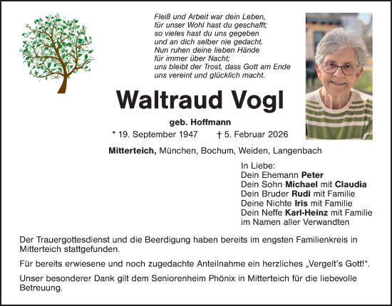 Traueranzeige von Waltraud Vogl von Tirschenreuth + Eschenbach - Kemnath - Erbendorf