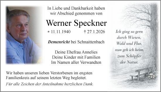 Traueranzeige von Werner Speckner von Hauptausgabe Amberg