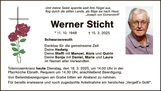 Traueranzeige von Werner Sticht von Tirschenreuth + Eschenbach - Kemnath - Erbendorf