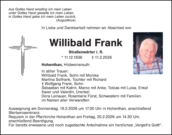 Traueranzeige von Willibald Frank von Hauptausgabe Weiden