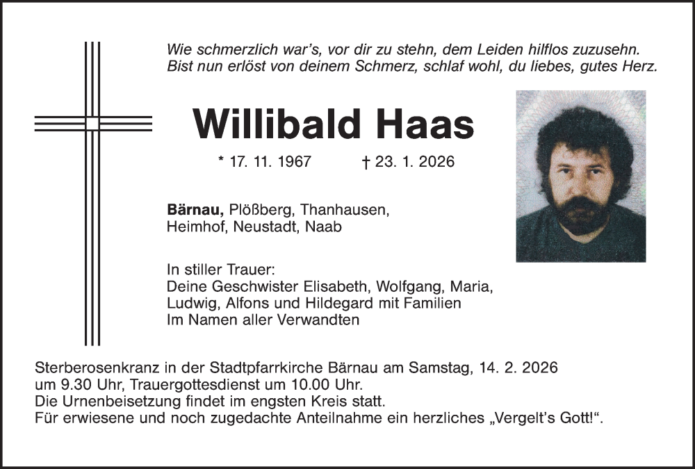  Traueranzeige für Willibald Haas vom 11.02.2026 aus Tirschenreuth + Eschenbach - Kemnath - Erbendorf