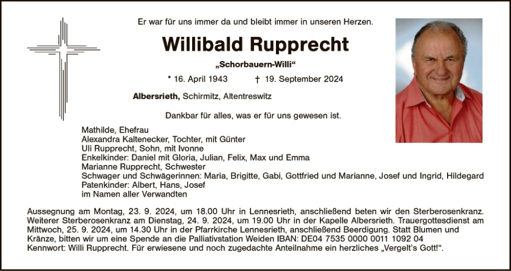  Traueranzeige für Willibald Rupprecht vom 21.09.2024 aus Hauptausgabe Weiden