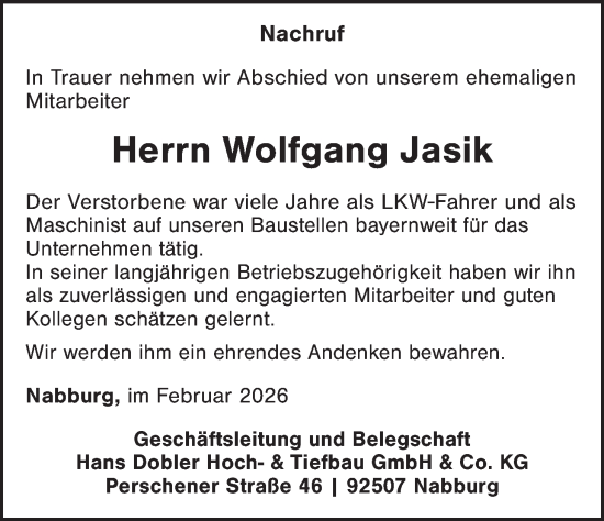 Traueranzeige von Wolfgang Jasik von Landkreis Schwandorf