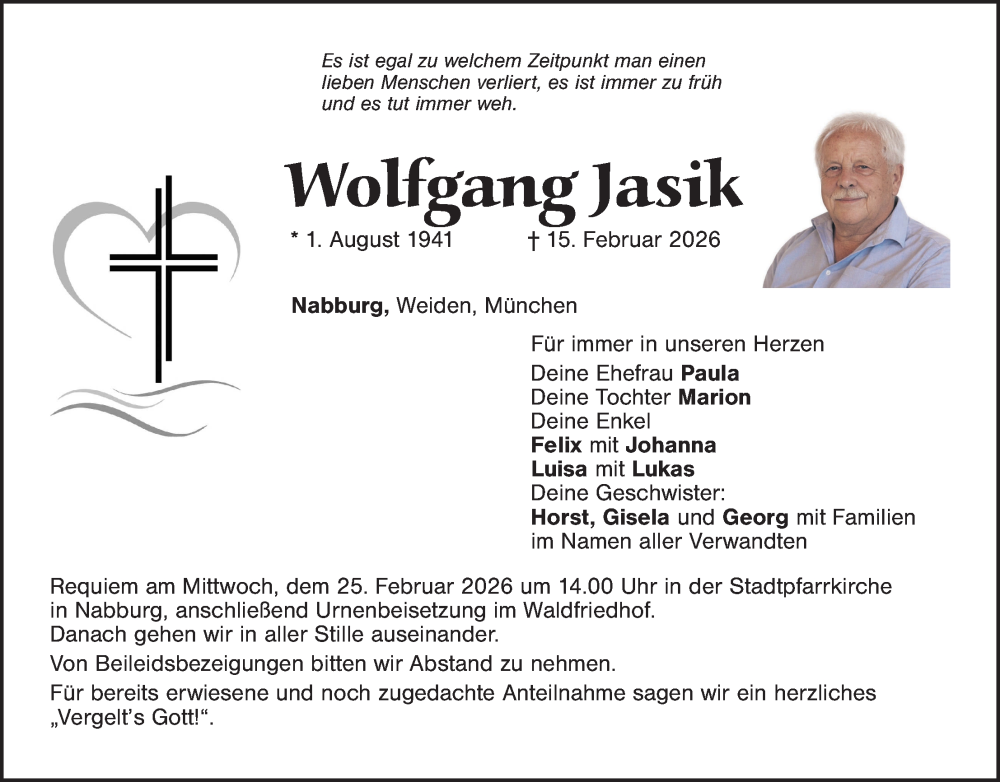  Traueranzeige für Wolfgang Jasik vom 21.02.2026 aus Landkreis Schwandorf