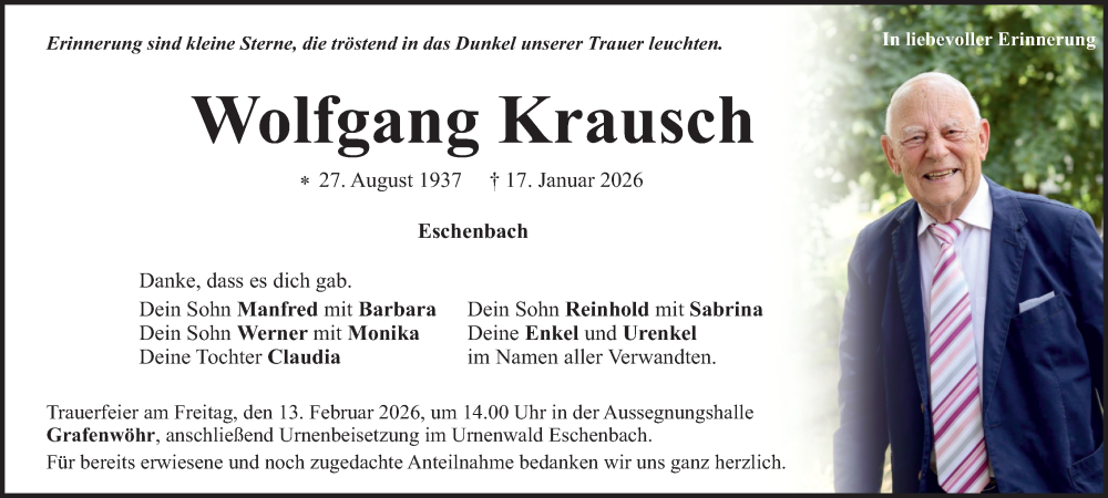  Traueranzeige für Wolfgang Krausch vom 10.02.2026 aus Tirschenreuth + Eschenbach - Kemnath - Erbendorf