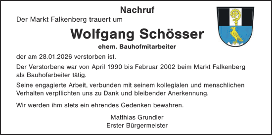 Traueranzeige von Wolfgang Schösser von Tirschenreuth