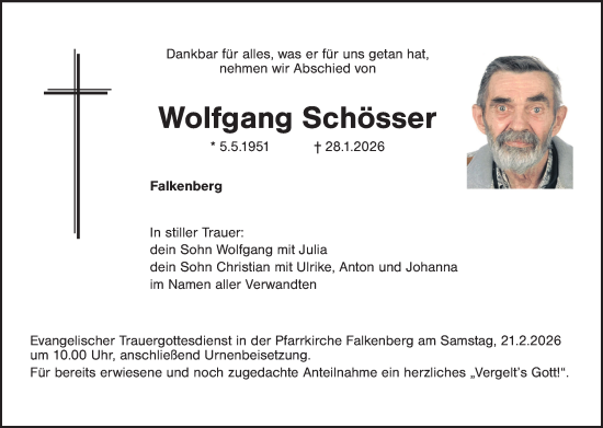 Traueranzeige von Wolfgang Schösser von Tirschenreuth + Eschenbach - Kemnath - Erbendorf