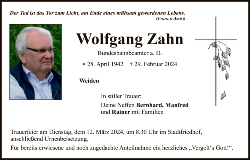  Traueranzeige für Wolfgang Zahn vom 09.03.2024 aus Hauptausgabe Weiden