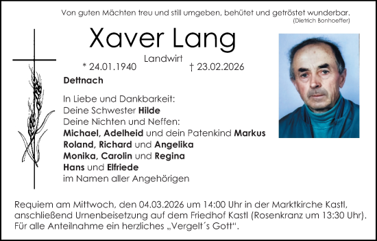 Traueranzeige von Xaver Lang von Hauptausgabe Amberg