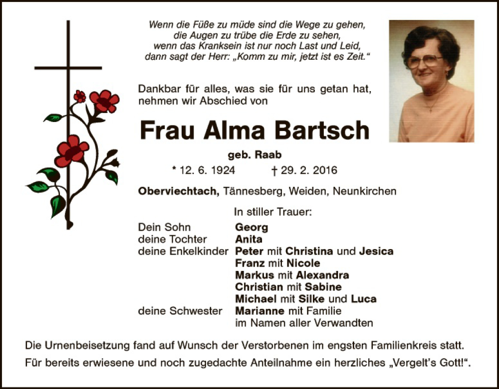  Traueranzeige für Alma Bartsch vom 05.03.2016 aus Landkreis Schwandorf und Vohenstrauß