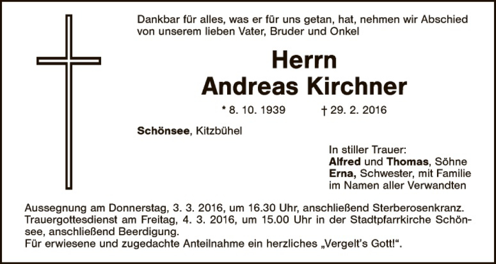  Traueranzeige für Andreas Kirchner vom 02.03.2016 aus Landkreis Schwandorf