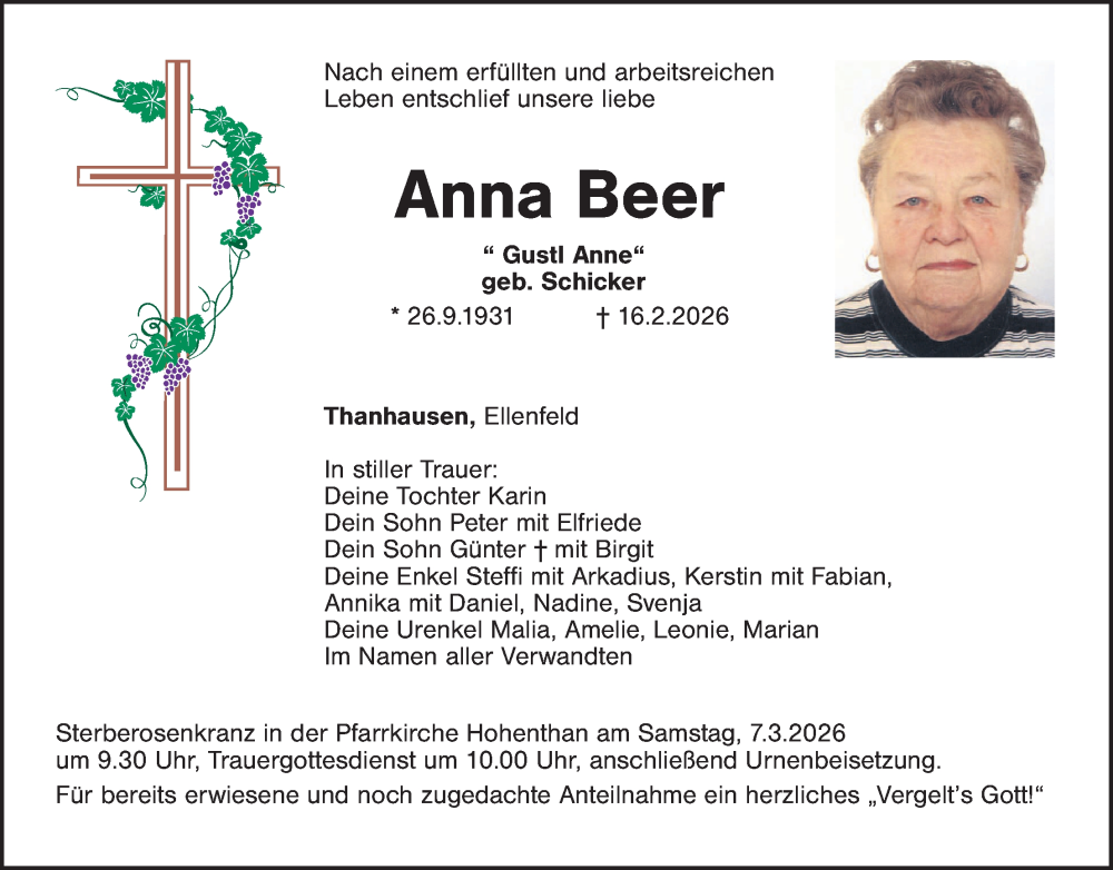  Traueranzeige für Anna Beer vom 03.03.2026 aus Tirschenreuth + Eschenbach - Kemnath - Erbendorf