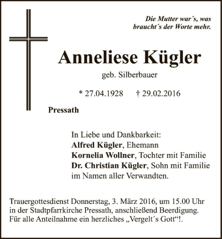  Traueranzeige für Anneliese Kügler vom 02.03.2016 aus Tirschenreuth + Eschenbach - Kemnath - Erbendorf