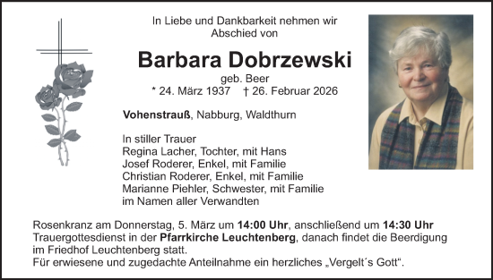 Traueranzeige von Barbara Dobrzewski von Landkreis Schwandorf und Vohenstrauß