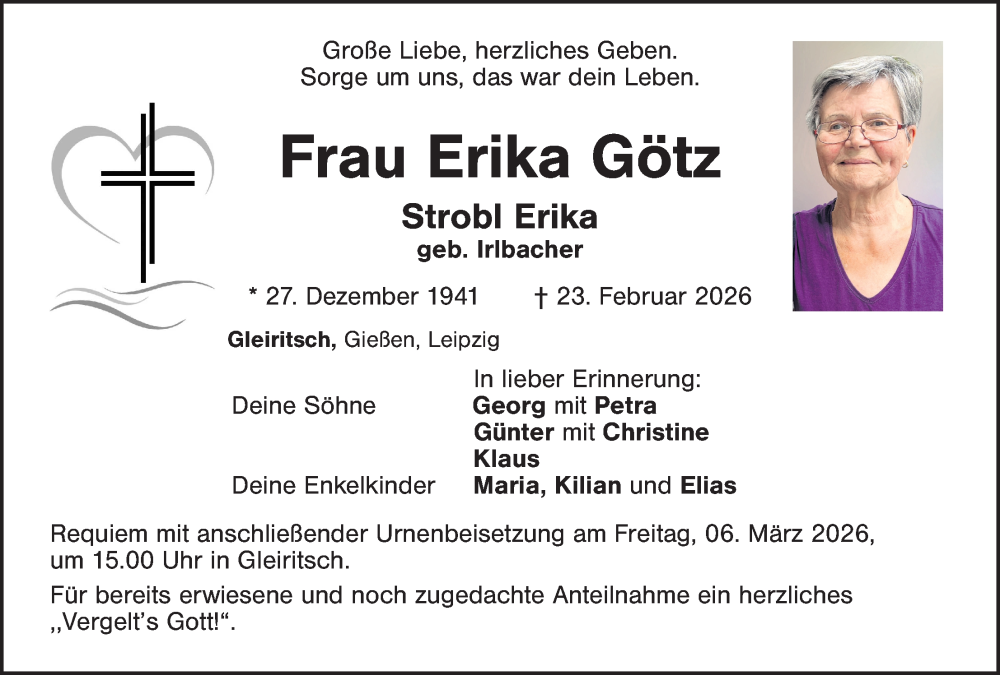  Traueranzeige für Erika Strobl vom 03.03.2026 aus Landkreis Schwandorf