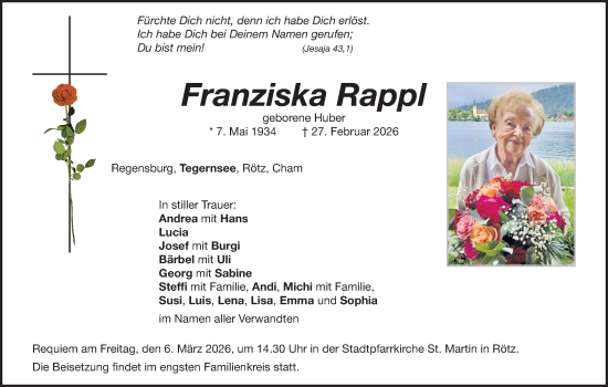 Traueranzeige von Franziska Rappl von Landkreis Schwandorf und Vohenstrauß