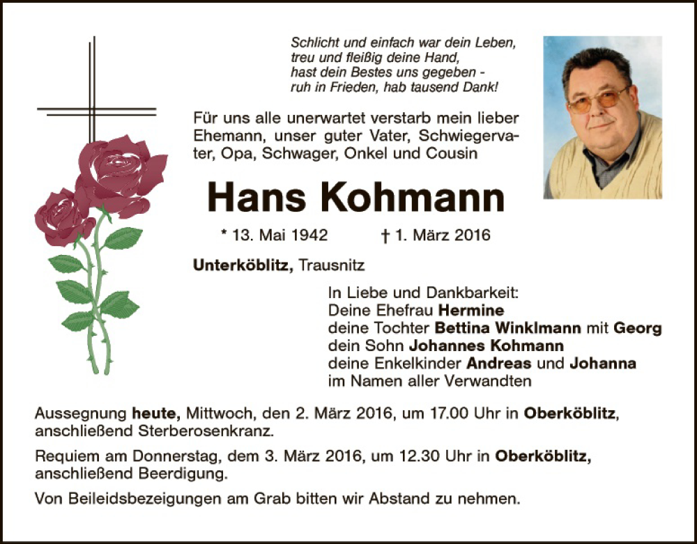  Traueranzeige für Hans Kohmann vom 02.03.2016 aus Landkreis Schwandorf und Vohenstrauß
