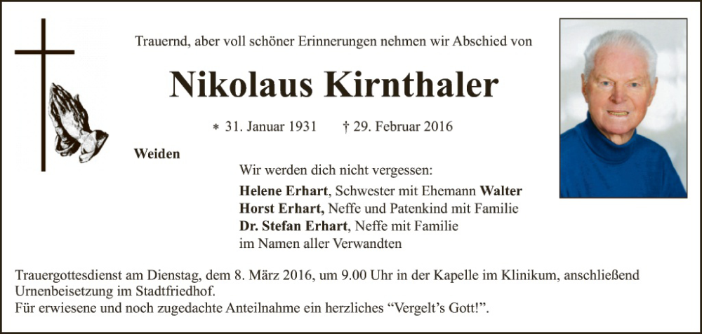  Traueranzeige für Nikolaus Kirnthaler vom 05.03.2016 aus Hauptausgabe Weiden