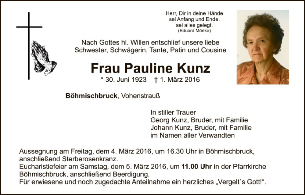  Traueranzeige für Pauline Kunz vom 02.03.2016 aus Hauptausgabe Weiden