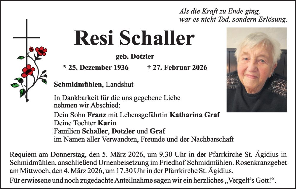  Traueranzeige für Resi Schaller vom 03.03.2026 aus Gesamtausgabe