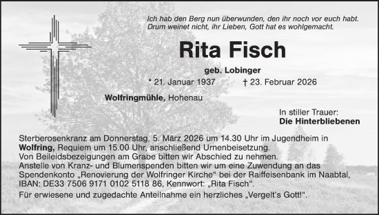 Traueranzeige von Rita Fisch von Amberger Zeitung / Sulzbach - Rosenberger Zeitung + Landkreis Schwandorf