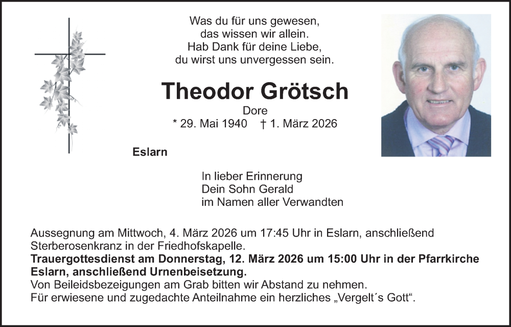  Traueranzeige für Theodor Grötsch vom 03.03.2026 aus Hauptausgabe Weiden