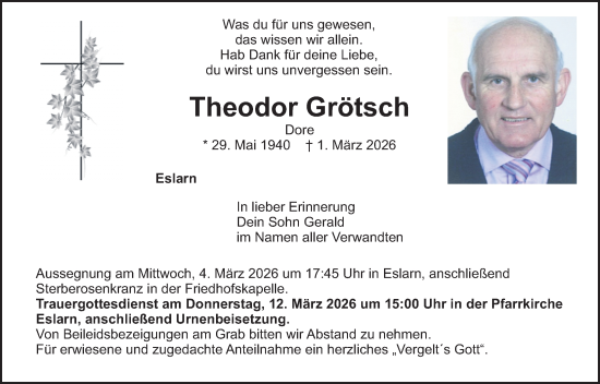 Traueranzeige von Theodor Grötsch von Hauptausgabe Weiden