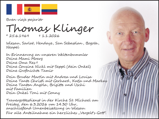 Traueranzeige von Thomas Klinger von Tirschenreuth + Eschenbach - Kemnath - Erbendorf