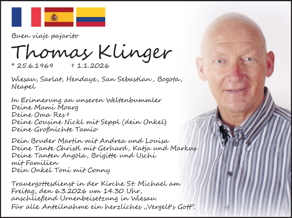  Traueranzeige für Thomas Klinger vom 03.03.2026 aus Tirschenreuth + Eschenbach - Kemnath - Erbendorf