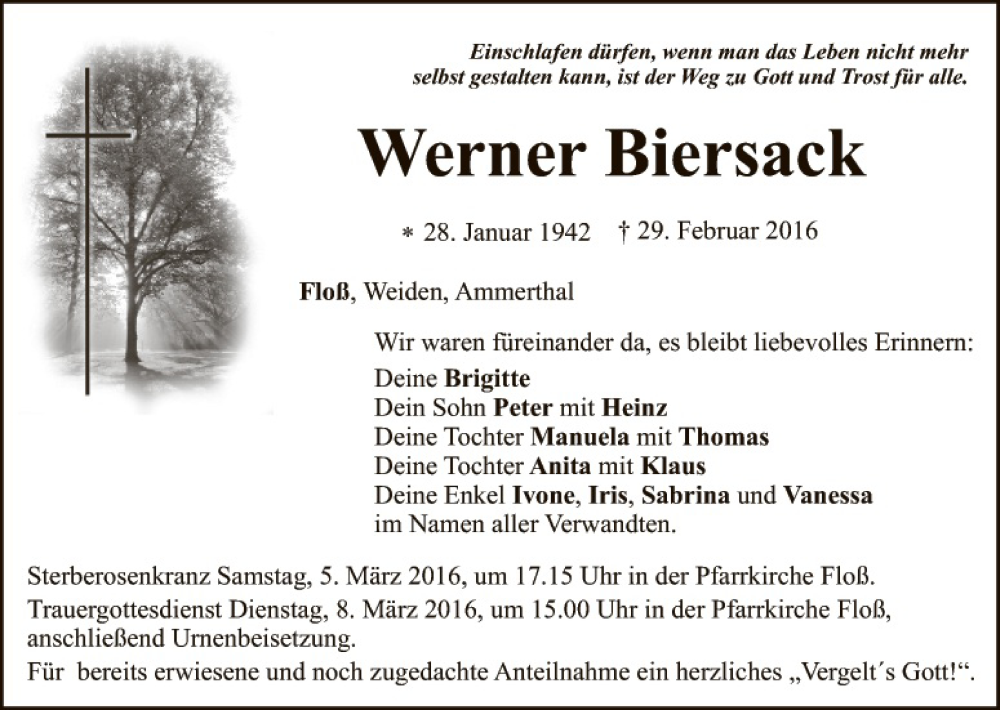  Traueranzeige für Werner Biersack vom 04.03.2016 aus Hauptausgabe Weiden