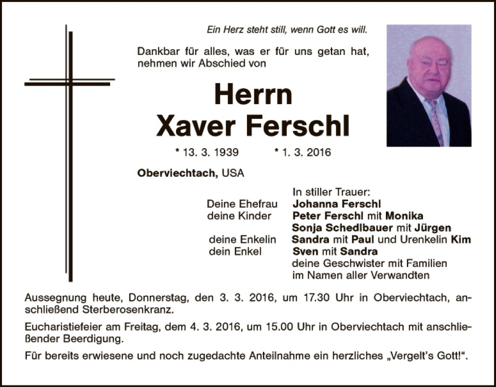  Traueranzeige für Xaver Ferschl vom 03.03.2016 aus Landkreis Schwandorf